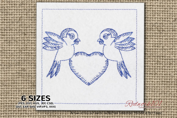 Cute Birds with Heart Symbol Redwork Review