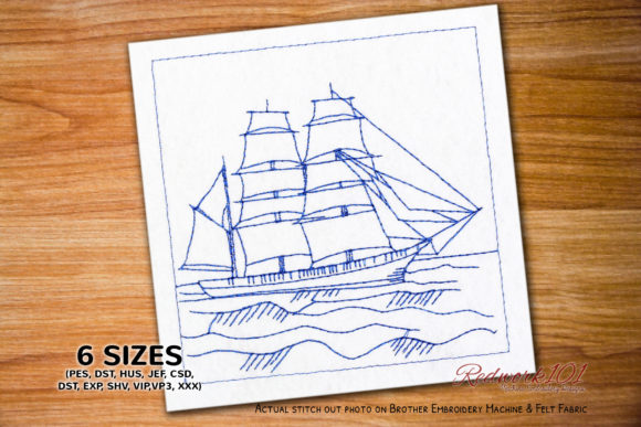 Reviewing Barque Ship in the Sea Redwork for Gifts